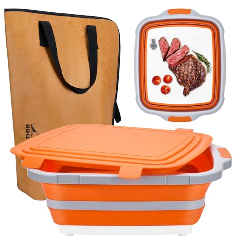 Collapsible Large BBQ Prep Tub & BBQ Resting Bag, Portable Smoking BBQ Blanket Prep Bucket for Resting Meat, Meal Prep, Marinating, 3in1 Foldable Meat Prep Tub Cutting Board with Locking Lid