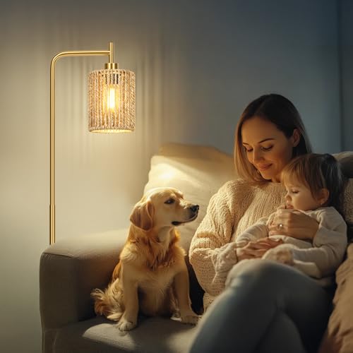 Image of Oneach 66 inch Gold Floor Lamp for Living Room, Boho Floor Lamp with LED Bulb, Foot Switch, Rattan Shade, Industrial Tall Farmhouse Standing Lamp for Bedroom, Dining Room, Study Room, Office