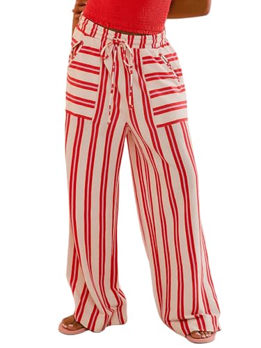 CHARTOU Women's Drawstring High Waisted Striped Palazzo Pants Wide Leg Casual Lounge Beach Pant Trousers