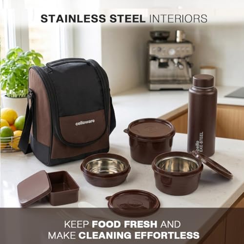 Image of CELLO MF All In One Lunch Box with Bag for Office Use, Brown | 225ml, 375ml, 550ml Microwave Safe Containers, 175ml Salad Box, 900ml Bottle with Fork & Spoon, Airtight Leak Proof Tiffin Box for Travel