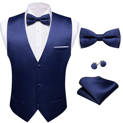Image of Barry.Wang Mens Suit Vest Bow Tie Set 4PCS Formal V-neck Slim Fit Casual Solid Color Waistcoat Wedding Party Tuxedo