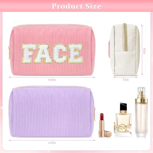 2Pcs Makeup Bag for Girls Gifts, Travel Toiletry Bag for Women, Corduroy Make Up Cosmetic Pouch Cute Preppy Stuff Bags for Teen, Birthday Graduation Gifts (HAIR & FACE)2