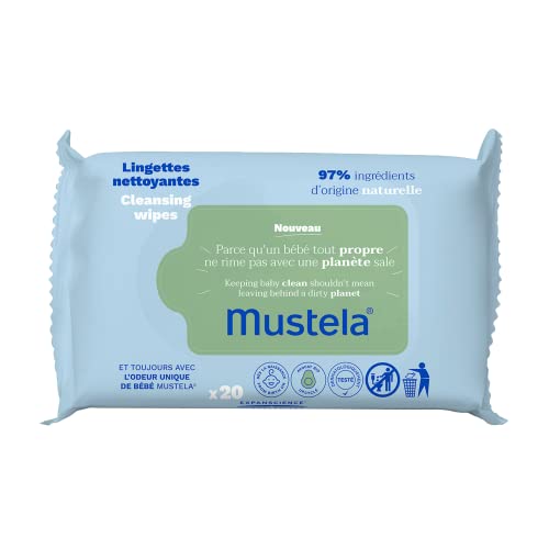 Mustela Baby Cleansing Wipes with Natural Avocado – For Face, Body & Diaper Area – Made with Compostable & Plastic Free Fibers – Lightly Scented – 20 or 60 ct. – 1, 3 or 6-Pack
