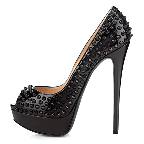 FSJ Women Gorgeous Peep Toe Studded Rivets Platform Pumps Stiletto High Heel Slip On Ladies Formal Dress Party Evening Shoes Size 4-15 US3
