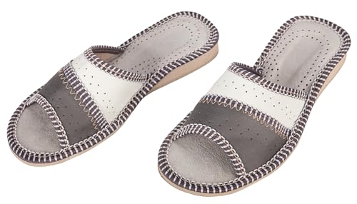 APREGGIO Pantoufles Femme Cuir – Chaussons Ouverts Pratiques et Confortables – Fabriqué à la Main – Gris – Taille 40 – vue 2