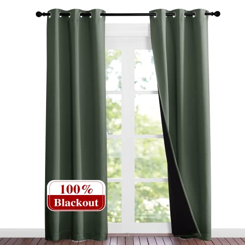 Image of NICETOWN Dark Mallard Blackout Curtains 84 inches Long, Full Light Blocking Drapes with Black Liner for Nursery, Noise Reducing Thermal Insulated Draperies for Doorway (2 Pieces, 37 inch Wide Each Panel)