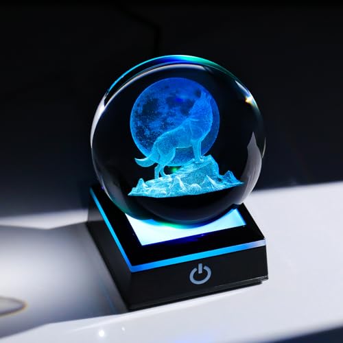 Image of Arikyrist 3D Moon Wolf Crystal Ball Figurine with Colorful LED Base, Laser Wolf Gifts for Women Men Wolves Lovers, Wolf Statue Glass Animal Decorative Ball for Christmas Birthday Home Decor (80mm)