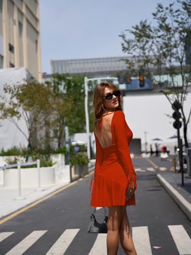 BEAGIMEG Women\'s Sexy Bodycon Long Sleeve Ruched Deep V A-Line Club Party Mini Dress OrangeRed