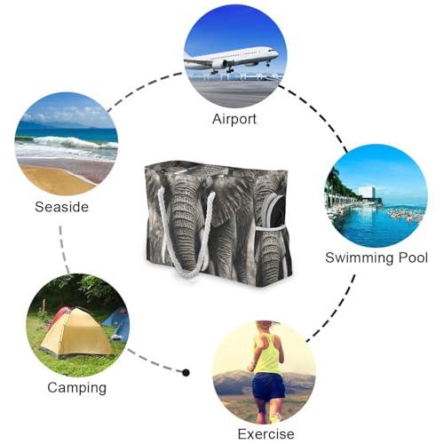 Retro Grey Elephant Portable Tote Bag For Women with side pocketes Travel Duffel Bag for Travel Gym Vacation4
