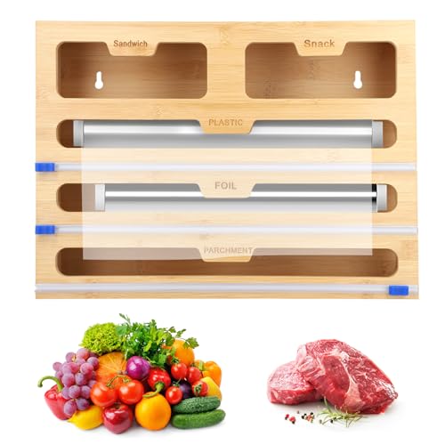 Bamboo 40 cm rotolo da cucina pellicola trasparente e organizer in alluminio – dispenser 5 in 1 taglierina per cassetto