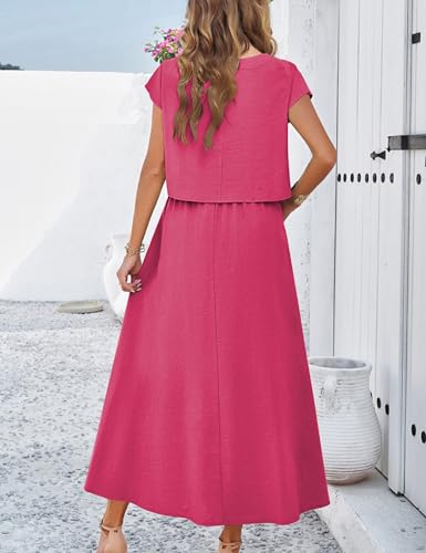 Image of HangNiFang Summer Skirt Sets Women 2 Piece Outfits Cap Sleeve Top Elastic Waist Maxi Dress Sets with Pockets