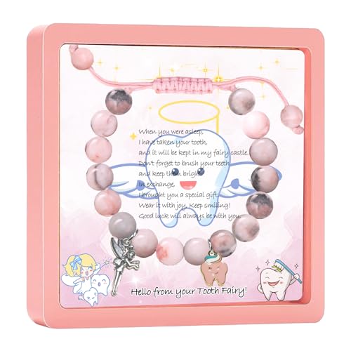 Image of Tooth Fairy Bracelet Gifts - Lost First Milk Tooth Pink Stone Bracelet, Tooth Fairy Jewelry for Daughter, Granddaughter, Pink Zebra