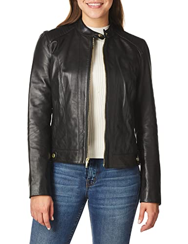 Cole Haan Womens Racer With Quilted Panels Leather Jacket, Black, Large Us #TOP2