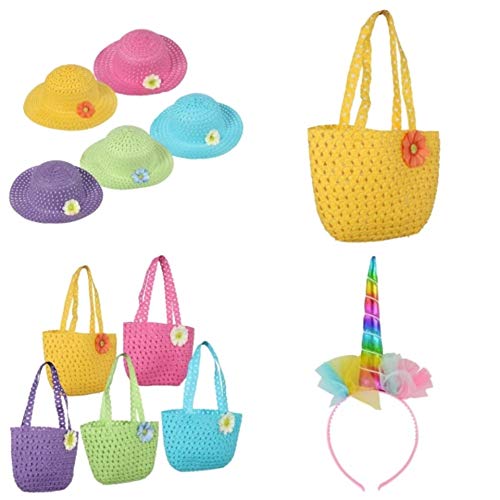 Easter TLC Girls Kids Toddler (1) Happy Hat Set (Bonus TLC Multi Color Unicorn Headband) Fun Girls Straw Sun Hat Purse Set Flower Tea Party Dress Up, Ideal Hat Dress Up ~Yellow