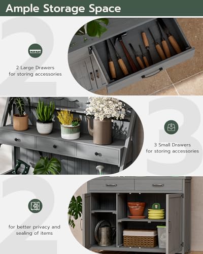 Oarlike 65” Potting Bench Table for Outside, Garden Table for Outdoors with Storage Cabinet, Shelves, Drawers, Work Bench for Planting, Gardening (Gray)