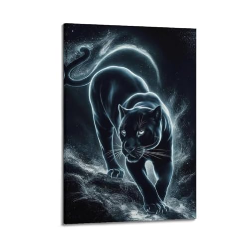 Panthère noire traquant sous les étoiles toile lumineuse style cadre