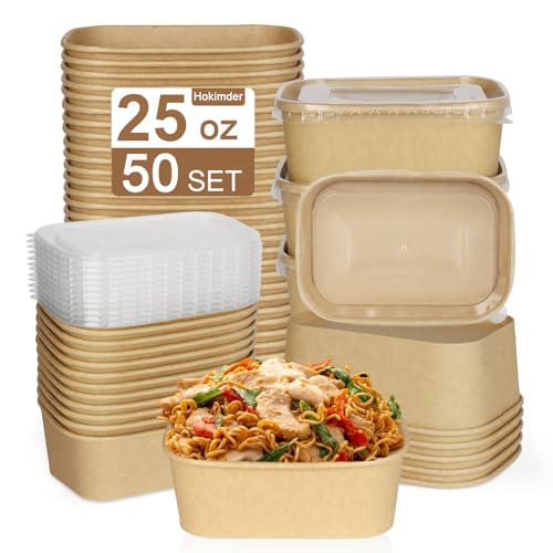 Hokimder 50 Pack 25oz Compostable Take Out Paper Food Cardboard Containers with Lids, Disposable Kraft Paper to Go Boxs, Microwave and Freezer Storage Safe for Salad, Leftovers, Soup, Snack-750ml