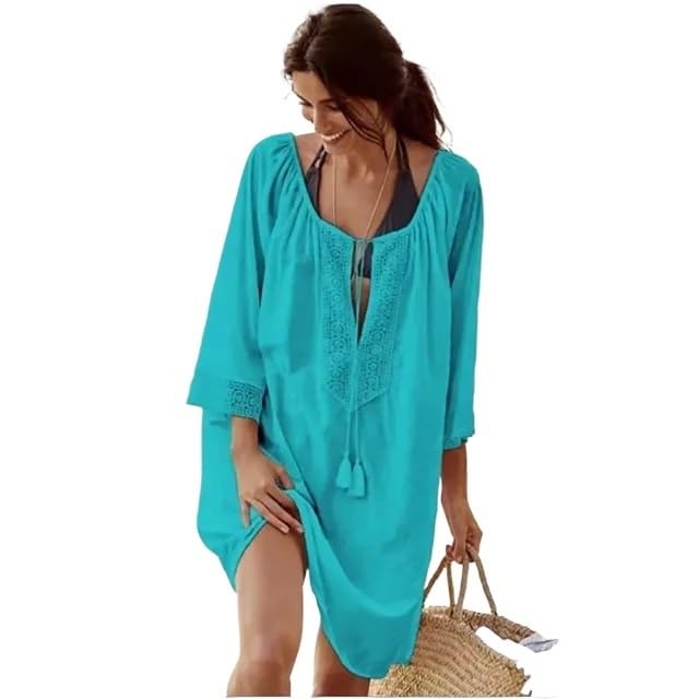 Strandkleid Women's Sun Protection V-Neck Loose Beach Cover-up Dress Summer Fashion Strandkleider(Lake Blue)