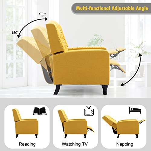 Vicluke Tufted Pushback Recliner Chair, Modern Linen Accent Chair With Rivet Decoration, Mid-Century Armchair Single Reclining Sofa With Solid Wood Legs, Padded Seat For Living Room, Bedroom (Yellow) #TOP3