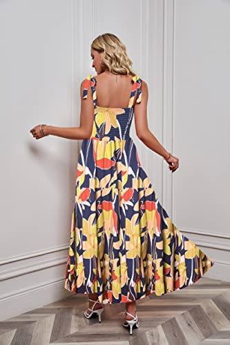 Image of kinstell Women's Summer Boho Spaghetti Strap Square Neck Ruffle Casual Flowy Long Dress Beach Swing Party Maxi Dress