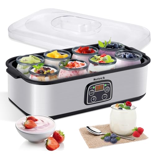 Image of Suteck Yogurt Maker with 8 Glass Jars, Time & Temp Adjustable Control Yogurt Machine, Homemade Greek & Probiotic Yogurt, Automatic Shut-Off, BPA-Free, 48 oz Total, Black