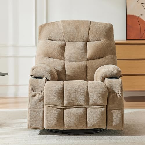 Image of Manual 360Swivel Rocker Recliner Chair,Single Recliner Seat with Cup Holders,Recliner Chairs for Adults, Upholstered Fabric Lazy Boy Recliner for Bedroom,Living Room,Brown