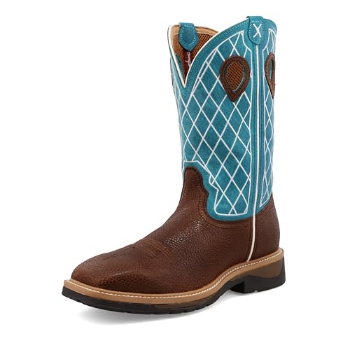 Image of Twisted X Men's 12 inch Western Work Boot, Square Toe, Brown Distressed & Turquoise, 8 D