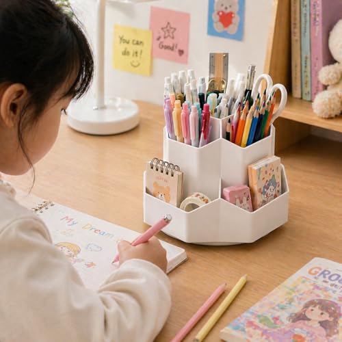 Image of AccuPrints Sumiko Sumiko Pencil Pen Holder for Desk,9 Slots 360 Degree Rotating Desk Organizers,Desktop Storage Stationery Supplies Organizer, Cute Pencil Cup Pot For Office, School, Home (White)