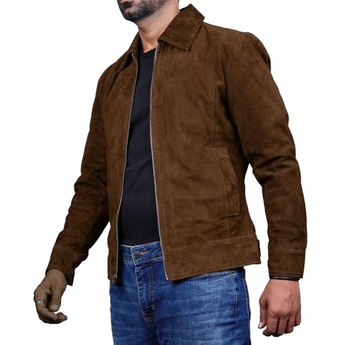 Mens Polo Collar Zipper Suede Shirts Long Sleeve Shacket Suede Trucker Jacket Real Suede Leather Shirt3