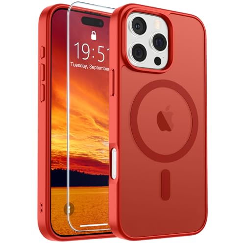 Image of SUPFINE Magnetic for iPhone 16 Pro Max Case (Compatible with MagSafe) (Military Grade Drop Protection) Slim Translucent Matte Shockproof with Anti-Fingerprint Phone Case,Red