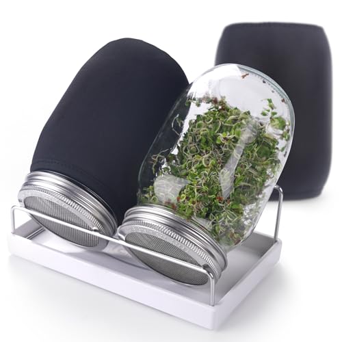 Komplettes Sprossenglas-Set - 2 Einmachgläser mit breiter Öffnung und hochwertigem 316 Edelstahl-Siebdeckel, Verdunkelungshülsen, Tablett, Ständer – Samenkeim-Set für den Anbau von Brokkoli, Luzerne,