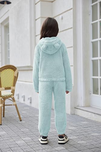 Image of Arshiner Girls 2 Piece Outfits Sweatsuit Fuzzy Long Sleeve Bear Ear Hoodie Sweatshirt and Sweatpant Kids Clothing Sets