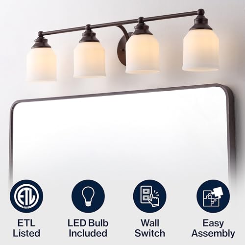 Image of JONATHAN Y 33.25 inch Oil Rubbed Bronze /White Modern Farmhouse LED Vanity Light Wall Sconce Fixture, Frosted White Glass Shade, Dimmable Wall Lamp for Bathroom Mirror Kitchen Sink, UL Listed (JYL7552C)
