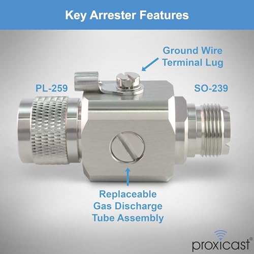 Image of Proxicast Coaxial Lightning Arrester /Suppressor with PL-259 & SO-239 (M /F) Connectors - Pro-Grade Coax Cable Surge Protector for HF, VHF, UHF, CB, Ham, Two-Way Radio and Other Antennas (ANT-234-002)