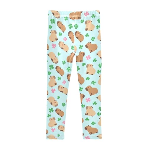 Capybara with Lucky Clover Blue Girls Leggings Soft Comfortable Athletic Leggings Dancing Pants for 4-10 Years2