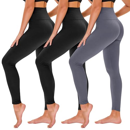 TNNZEET 3 Pack Leggings for Women - Black Tummy Control High Waisted Soft Yoga Pants for Workout Gym Running with Pockets