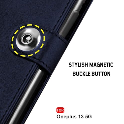 Image of TheGiftKart Flip Cover Back Case for OnePlus 13 5G | Genuine Leather Finish | Designer Button | Inbuilt Pockets & Stand | Wallet Style Flip Back Cover Case for OnePlus 13 5G (Faux Leather, Blue)