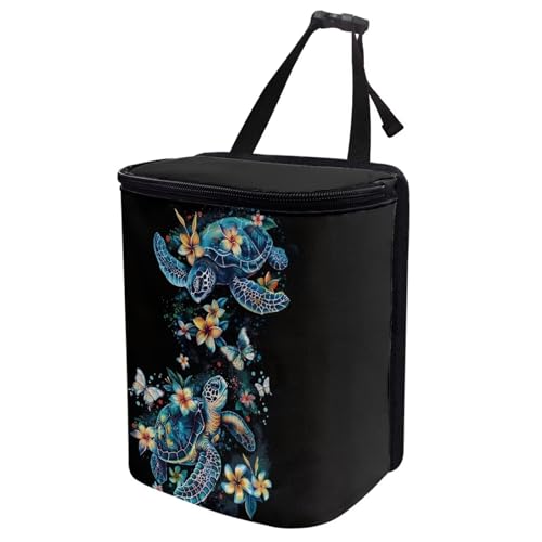 Image of Talayituse Turtle Plumeria Print Car Trash Bin, Large Size Auto Trash Can Adjustable Portable Garbage Can with Lid, Vehicle Hanging Bag for Headrest Front Back Seat