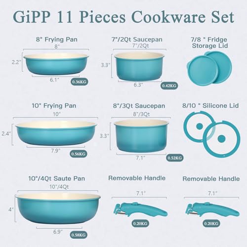 Image of GIPP 11pcs Pots and Pans Set Non Stick, Nonstick Cookware Set Detachable Handle, Ceramic Pots for Cooking Non Stick with Removable Handle, RV Cookware Set for All Stoves, Light Blue Gradient