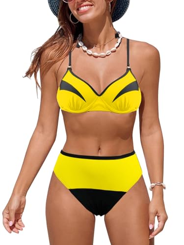 JFAN Bikini Mujer Bañadores Mujer Push Up Bañadores Mujer Reductores Cintura Alta Traje De Baño Bloque de Color Amarillo L