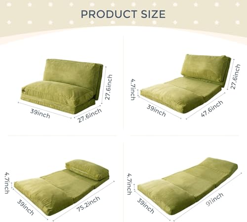 Image of MAXYOYO Folding Sofa Bed, Extra Thick and Long Floor Sofa Convertible Chair with Washable Cover, Floor Couch Lounge Bean Bag Bed for Living Room, Green, 39x91 Inch