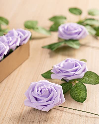 DuHouse 25Pcs Artificial Roses Flowers Fake Rose with Stems Real Touch Foam Flower Head for DIY Wedding Bridal Bouquet Baby Shower Centerpiece Floral Arrangement Party Home Decor(Lilac) - Image 2