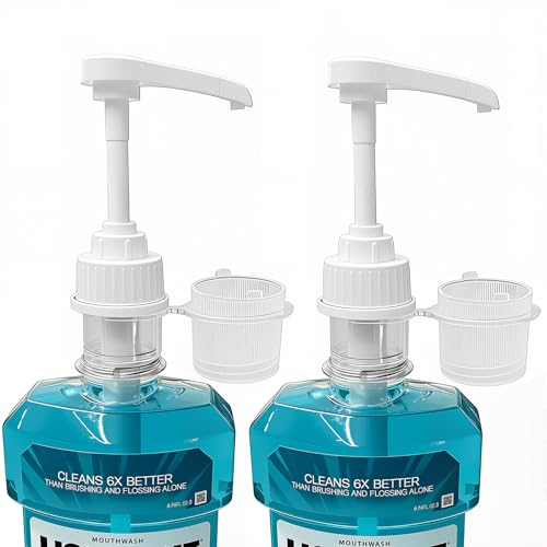 2 Pack Mouthwash Pump Dispensers Compatible with Listerine 1 Liter & 1.5 Liter Mouthwash Bottles Practical Mouth Wash Dispenser Pump Set with Cup Holder for Bathroom Countertop