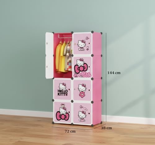 Image of KRISHYAM Kids Modular Storage Cabinet with Pink Kitty Cartoon Design Doors, 8 Cube Plastic Wardrobe Organizer, DIY Closet System with Hanging Rod, Toy & Clothes Storage (Hello Kitty, 8 Box)