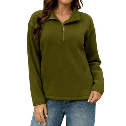 ZFLM Women's Classic Slim-Fitting Half-Zip Fleece Jacket Long-Sleeved Short Winter Coat With Pockets Army Green Small