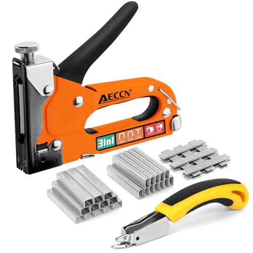 AECCN 3 in 1 Heavy Duty Staple Nail Steel Gun Kit with 2100 Staples Upholstery Stapler for Fixing Material Decoration Carpentry Furniture Doors and Windows - Orange