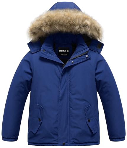 CREATMO US Boys' Waterproof Snow Coat Parka Windproof Winter Jacket With Detachable Fleece Hood