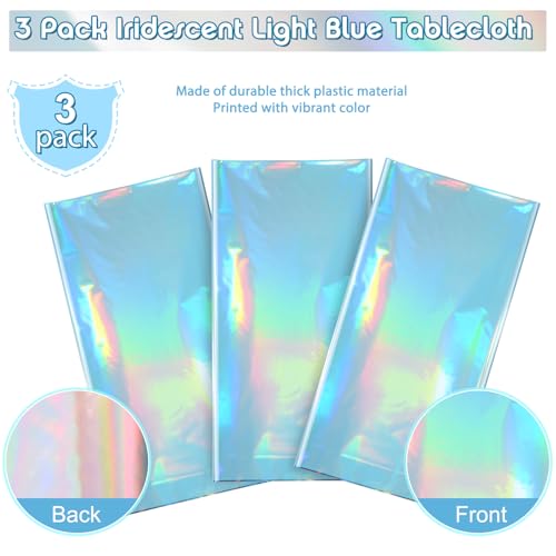 Image of 3 Pack Iridescent Light Blue Tablecloth for Parties, Pastel Blue Holographic Plastic Table Cover, Disposable Laser Baby Blue Table Cloth for Birthday Wedding Baby Shower Party Decorations, 54x108 Inch