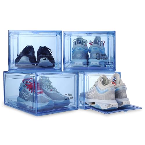 Image of House of Quirk Shoe Organizer, Shoe Storage Boxes, Large Shoe Boxes with Magnetic Door, Clear Stackable Plastic Shoe Containers (Pack of 4, Blue)