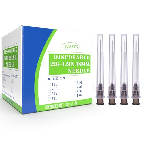 22 Gauge 1.5 Inch Luer Lock Needle, Disposable Dispensing Lab Supplies Individually Sealed Wrapped, Box of 100